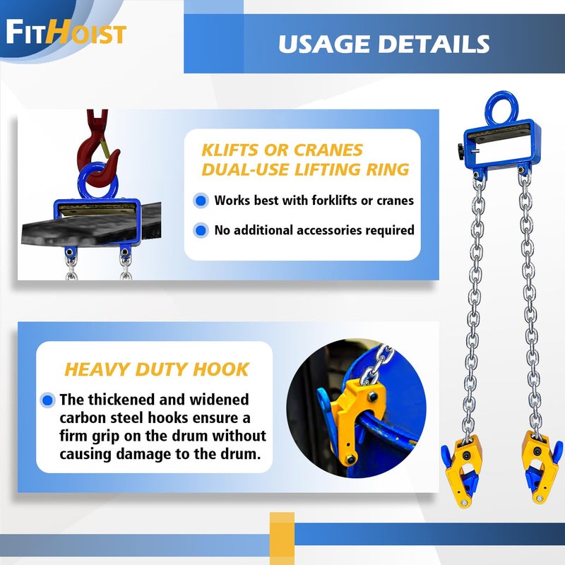 FITHOIST Updated Chain Drum Lifter | 1 ton(2200 lbs) Capacity Vertical Drum Lifter Chain Sling | Carbon Steel Hook with Built-in Spring | Fit for 30-55 Gallon Barrel - Image 5
